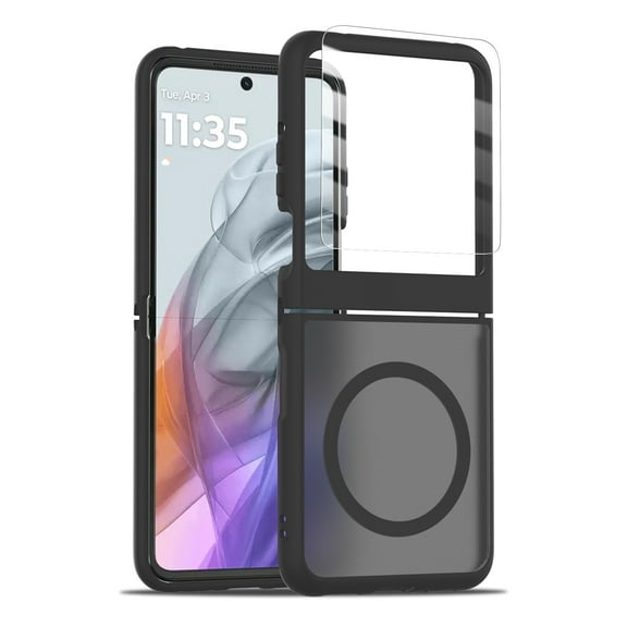 Dteck Case with Front Screen Protector for Motorola Razr Plus 2025/2024,Magnetic Matte PC Case Compatible with MagSafe Dual Layer Anti-Scratch Shockproof Cover,Black Case+Clear Film