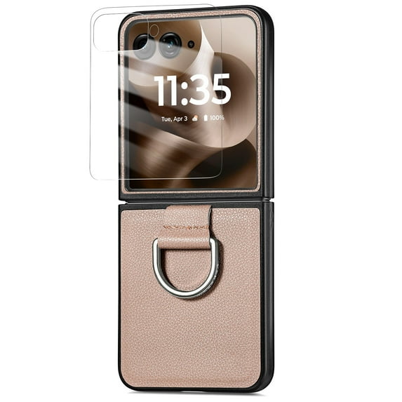 Dteck Case with Front Screen Protector for Motorola Razr Ultra 2025,Slim Leather Protective Case with Ring Hard PC Back Cover Non-Slip Compatible with Motorola Razr Ultra 2025,Khaki