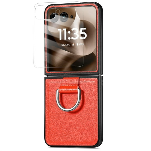 Dteck Case with Front Screen Protector for Motorola Razr Ultra 2025,Slim Leather Protective Case with Ring Hard PC Back Cover Non-Slip Compatible with Motorola Razr Ultra 2025,Orange