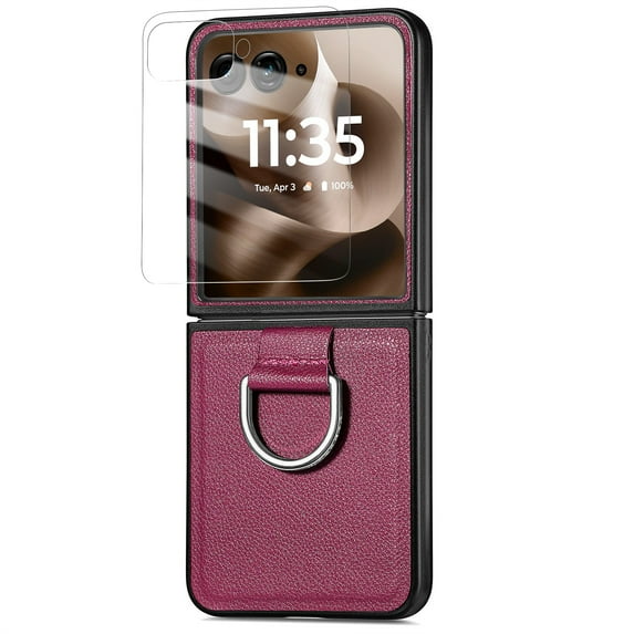 Dteck Case with Front Screen Protector for Motorola Razr Ultra 2025,Slim Leather Protective Case with Ring Hard PC Back Cover Non-Slip Compatible with Motorola Razr Ultra 2025,Purple