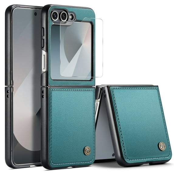 Dteck Case with Front Screen Protector for Samsung Galaxy Z Flip7 FE, Galaxy Z Flip 6 Premium PU Leather Case Slim Shockproof Protective Cover for Samsung Galaxy Z Flip7 FE/Z Flip 6,Green