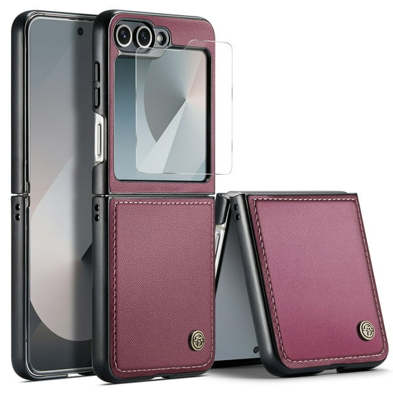 Dteck Case with Front Screen Protector for Samsung Galaxy Z Flip7 FE, Galaxy Z Flip 6 Premium PU Leather Case Slim Shockproof Protective Cover for Samsung Galaxy Z Flip7 FE/Z Flip 6,Red