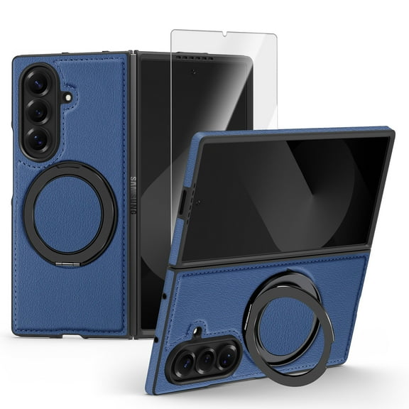 Dteck Case with Front Screen Protector for Samsung Galaxy Z Fold 7,Magnetic Leather Case Compatible with Mag Safe Shockproof PC 360-Degree Rotatable Ring Stand Cover for Galaxy Z Fold 7,Blue