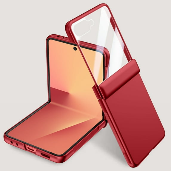Dteck Case with Front Tempered Glass Screen Protector for Samsung Galaxy Z Flip 7,Shockproof Case Hinge Protection PC Slim Cover for Galaxy Z Flip7,Red