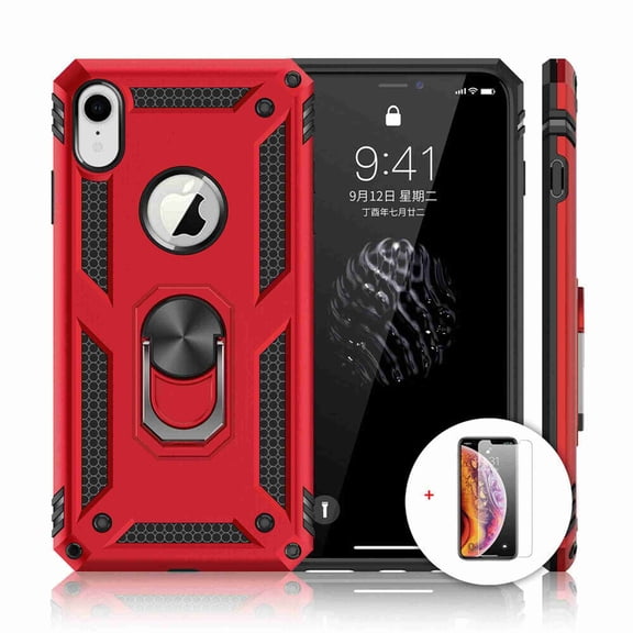 Dteck Case Full Protect Magnetic Hybrid Ring Back Holder Kickstand Case Cover For iPhone X (5.8 inch), Red with screen protector