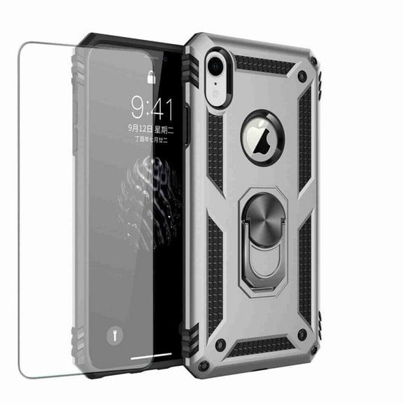 Dteck Case Full Protect Magnetic Hybrid Ring Back Holder Kickstand Case Cover For iPhone XR (2018) 6.1 inch, Silver with screen protector