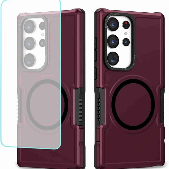 Dteck Case for Galaxy S25 Case with Tempered Glass Screen Protector, Compatible with MagSafe, Heavy Duty Shockproof Wireless Charging Anti-Scratch Phone Cover for Samsung Galaxy S25, Winered