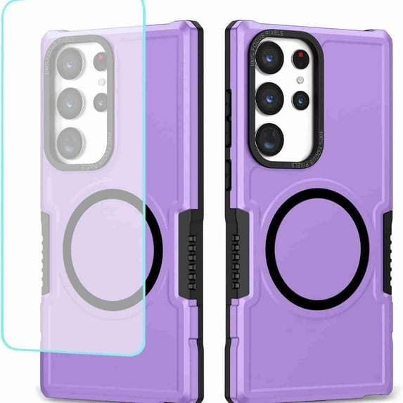Dteck Case for Galaxy S25 Case with Tempered Glass Screen Protector, Compatible with MagSafe, Heavy Duty Shockproof Wireless Charging Anti-Scratch Phone Cover for Samsung Galaxy S25, Purple