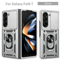 Dteck Case for Galaxy Z Fold 7 5G Case, Shockproof Slide Lens Protection TPU PC Built-in Kickstand Dual-Layer Heavy Duty Protection Phone Case, Silver