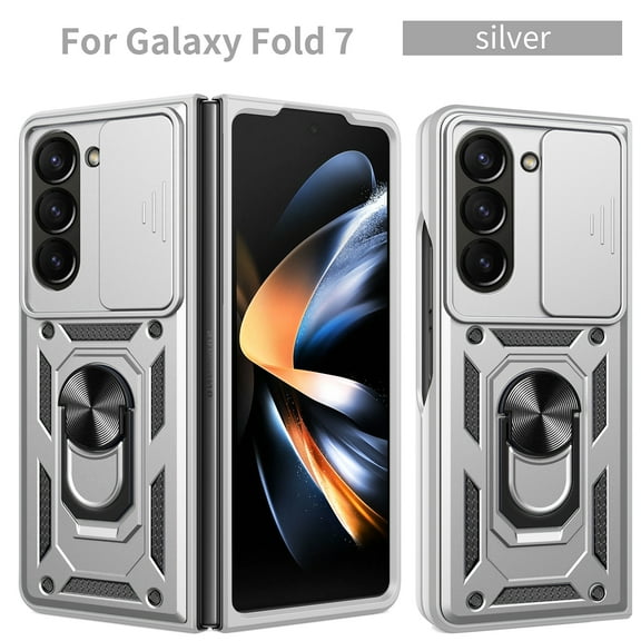 Dteck Case for Galaxy Z Fold 7 5G Case, Shockproof Slide Lens Protection TPU+PC Built-in Kickstand Dual-Layer Heavy Duty Protection Phone Case, Silver