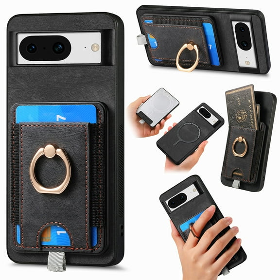 Dteck Case for Google Pixel 8 with Stand,2 in 1 Detachable Magnetic Leather Card Slot Wallet Case Ring Holder Kickstand Protective Shockproof Back Cover for Google Pixel 8,Black