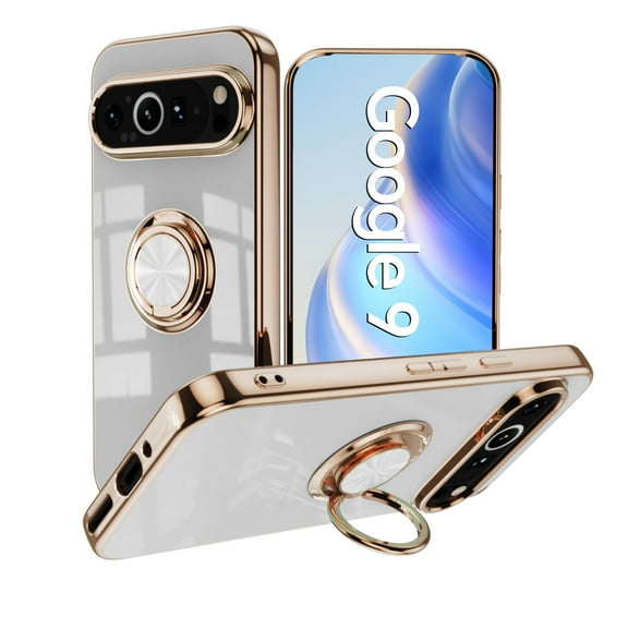 Dteck Case for Google Pixel 9 / 9 Pro,Shockproof Electroplated Plating TPU Ring Holder Stand Case Magnetic Slim Cover for Google Pixel 9 / 9 Pro, White