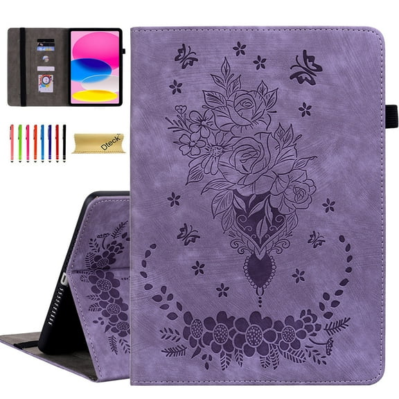 Dteck Case for Kindle Fire 7 (12th Generation, 2022 release), Embossed Butterfly PU Leather Card Holder Folio Cover with Stylus Loop, Multiple Viewing Angles Stand Protective Shell,Purple