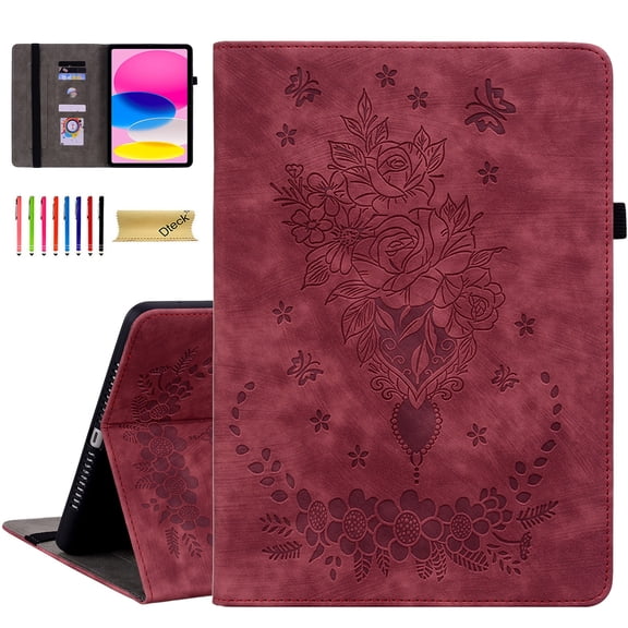 Dteck Case for Kindle Fire 7 (12th Generation, 2022 release), Embossed Butterfly PU Leather Card Holder Folio Cover with Stylus Loop, Multiple Viewing Angles Stand Protective Shell,Red