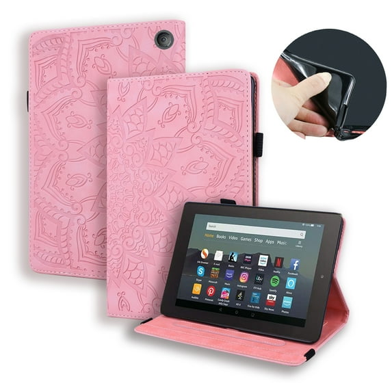 Dteck Case for Kindle Fire 7 Tablet (12th Generation, 2022 Release), Embossed Premium Protective Light Weight Folio Stand With Pen Holder Cover for All-New Amazon Fire 7 inch Tablet,Pink