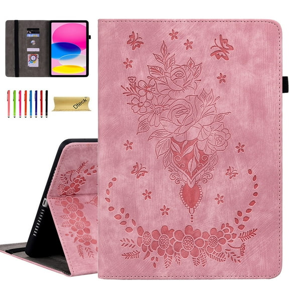 Dteck Case for Lenovo Tab M10 Plus (3rd Generation, 2022 release), Embossed Butterfly PU Leather Card Holder Folio Cover with Stylus Loop, Multiple Viewing Angles Stand Protective Shell,Pink