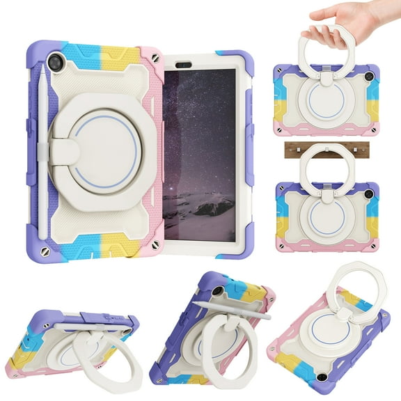 Dteck Case for Lenovo Tab M8 3rd Case 8.0 2022 8505/8506, Heavy Duty Ring Kickstand Hybrid Soft Silicone and Hard Back Shell Kids Friendly Cover Built in Pen Holder, Rainbowpink