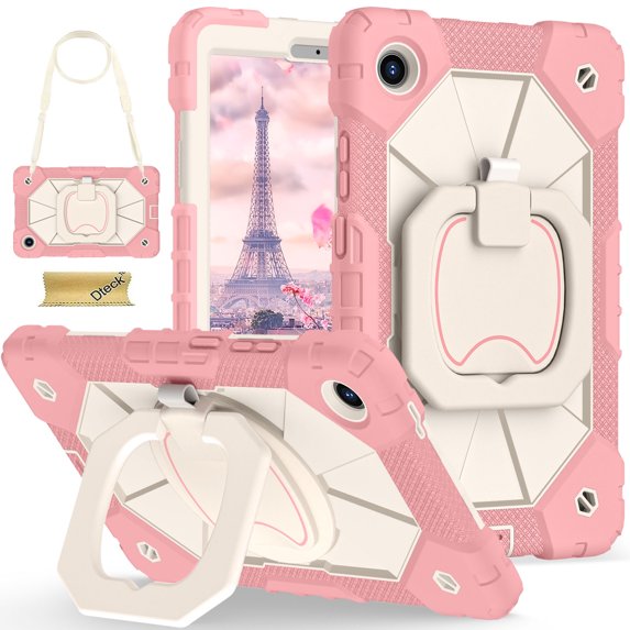Dteck Case for Lenovo Tab One/Tab K9 2025 (TB-305FU) 8.7 inch, Rotating Hand Strap/Sturdy Stand, Heavy Duty Shockproof Rugged Protective Cover,Rosegold