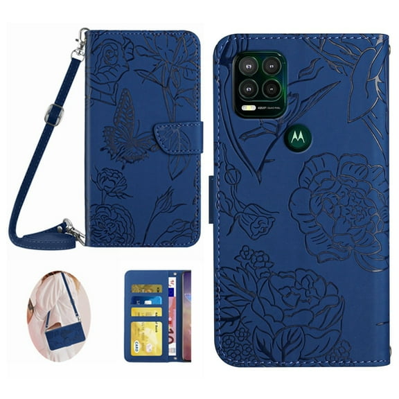 Dteck Case for Motorola Moto G Stylus 5G 2021 6.8-inch,Magnetic Leather Embossed Flower Case Card Slots Wallet Shockproof Rubber Kickstand Cover with Wrist/Shoulder Strap,Darkblue