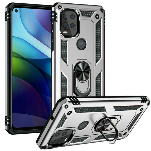 Dteck Case For Motorola Moto G Stylus 5G (2021 Released) 6.8-inch,Shockproof Rugged Rubber Armor Case Hybrid Hard PC Ring Holder Kickstand Protective Phone Cover,Silver