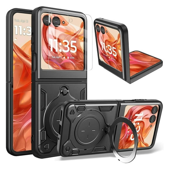 Dteck Case for Motorola Razr 2024,Shockproof Ring Stand Silicone+PC Case with Front Screen Protector Military-Grade Protection Cover for Motorola Razr 2024,Black