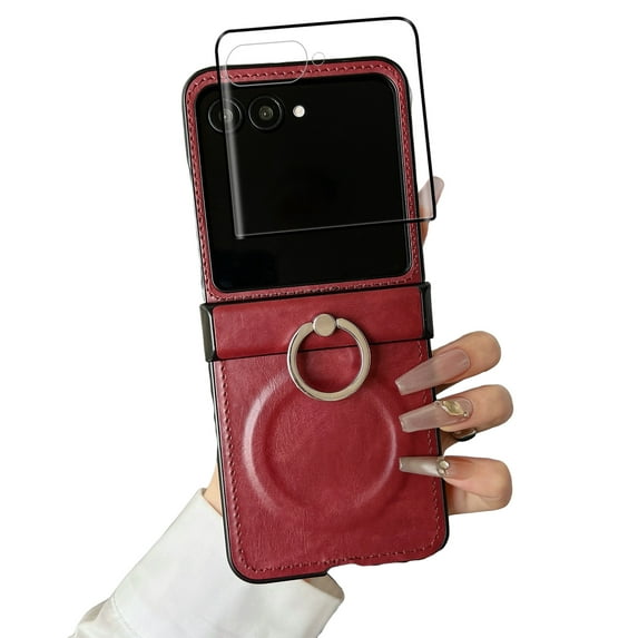Dteck Case for Motorola Razr Ultra 2025 with Finger Ring Holder, Magnetic for Moto Razr Ultra 2025 Case with Screen Protector, Compatible with MagSafe, Slim Hinge Protective Phone Cover,Red