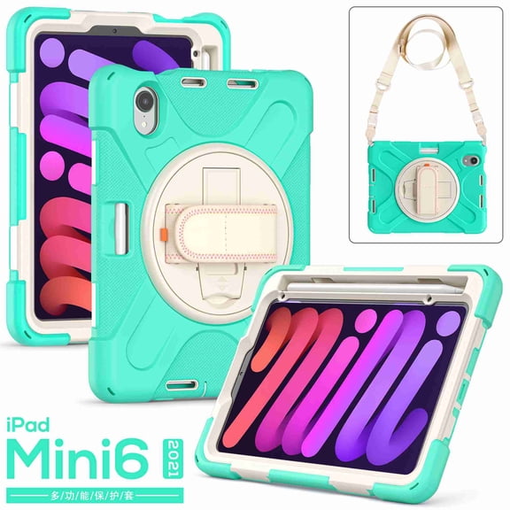 Dteck Case for New iPad Mini 6 Case 2021 8.3 inch, Heavy Duty Shockproof Rugged Mini 6 Case A2567/A2568/A2569 with Pencil Holder Kickstand Hand Strap Carrying Shoulder Belt for iPad Mini 6 Tablet,Mint