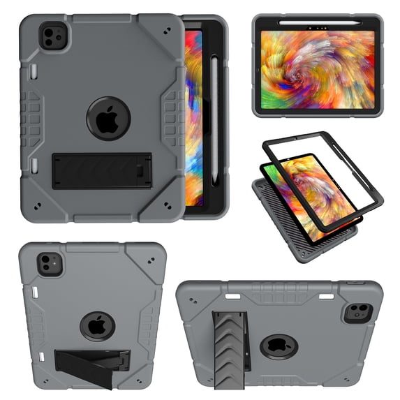 Dteck Case for New iPad Pro 11 inch 2024 (Model A2836, A2837, A3006), Heavy Duty Shockproof Rugged Tablet Protective Cover with Kickstand and Strap for Kids,Grayblack