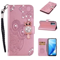 Dteck Case for OnePlus Nord N200 5G,Magnetic Bling Diamond Leather Card Holder Wallet Owl Pattern Case Kickstand Shockproof Protective Phone Cover with Wrist Strap,Rosegold