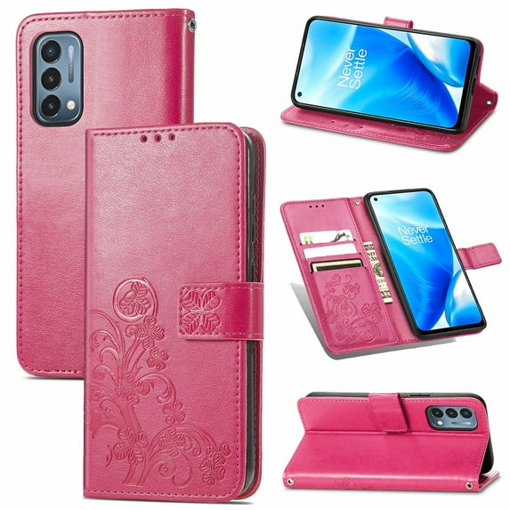 Dteck Case for OnePlus Nord N200 5G,Magnetic Four Leaf Clover Pattern Leather Card Holder Wallet Case Kickstand Shockproof Protective Phone Cover,Rose