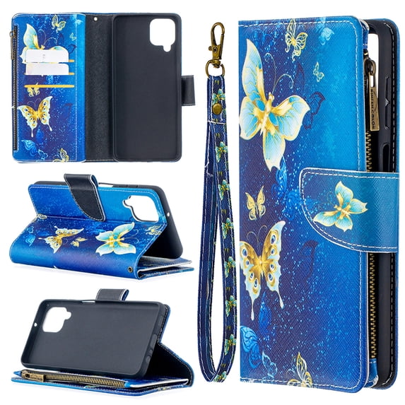 Dteck Case for Samsung Galaxy A12 6.5-inch,Magnetic Patterned Leather Zipper Card Holder Wallet Flip Case Kickstand Shockproof with Hand Strap Cover ,Gold Butterfly