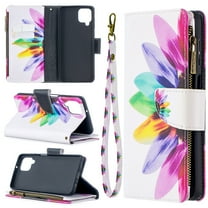 Dteck Case for Samsung Galaxy A12 6.5-inch,Magnetic Patterned Leather Zipper Card Holder Wallet Flip Case Kickstand Shockproof with Hand Strap Cover ,Half Flower