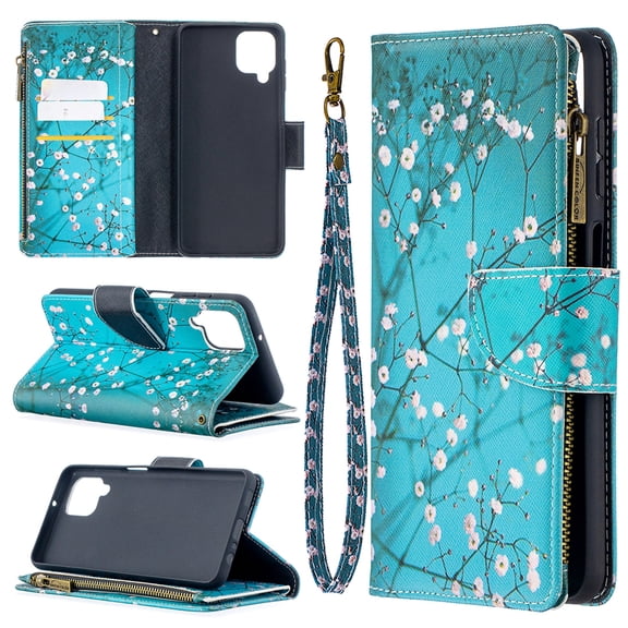 Dteck Case for Samsung Galaxy A12 6.5-inch,Magnetic Patterned Leather Zipper Card Holder Wallet Flip Case Kickstand Shockproof with Hand Strap Cover ,Plum Blossom