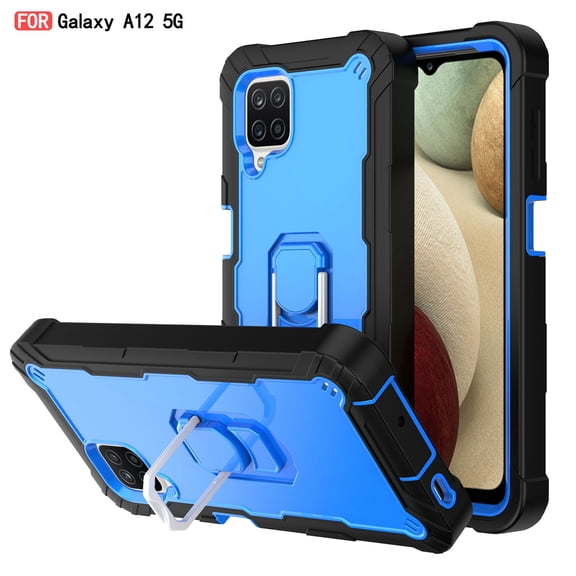 Dteck Case for Samsung Galaxy A12 6.5-inch,Shockproof Rugged Rubber Armor 3-Layer Protection Case Hybrid Hard PC Back With Ring Holder Kickstand Cover,Black+Blue