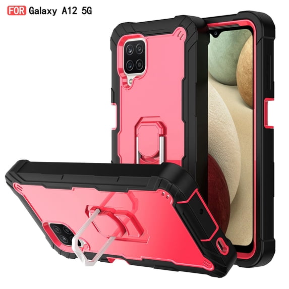 Dteck Case for Samsung Galaxy A12 6.5-inch,Shockproof Rugged Rubber Armor 3-Layer Protection Case Hybrid Hard PC Back With Ring Holder Kickstand Cover,Black+Rose