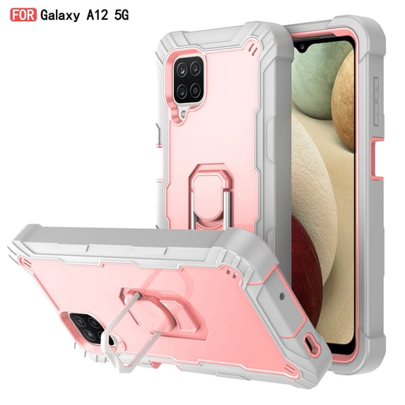Dteck Case for Samsung Galaxy A12 6.5-inch,Shockproof Rugged Rubber Armor 3-Layer Protection Case Hybrid Hard PC Back With Ring Holder Kickstand Cover,Gray+Rosegold