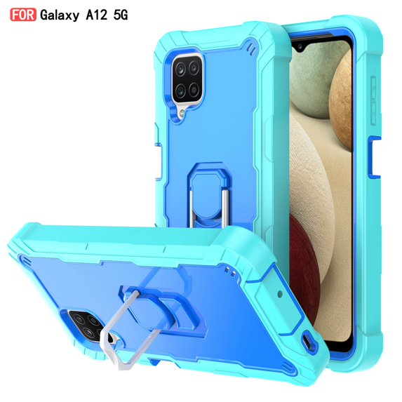 Dteck Case for Samsung Galaxy A12 6.5-inch,Shockproof Rugged Rubber Armor 3-Layer Protection Case Hybrid Hard PC Back With Ring Holder Kickstand Cover,Mint+Blue