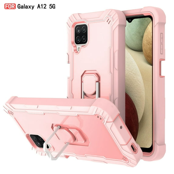 Dteck Case for Samsung Galaxy A12 6.5-inch,Shockproof Rugged Rubber Armor 3-Layer Protection Case Hybrid Hard PC Back With Ring Holder Kickstand Cover,Rosegold