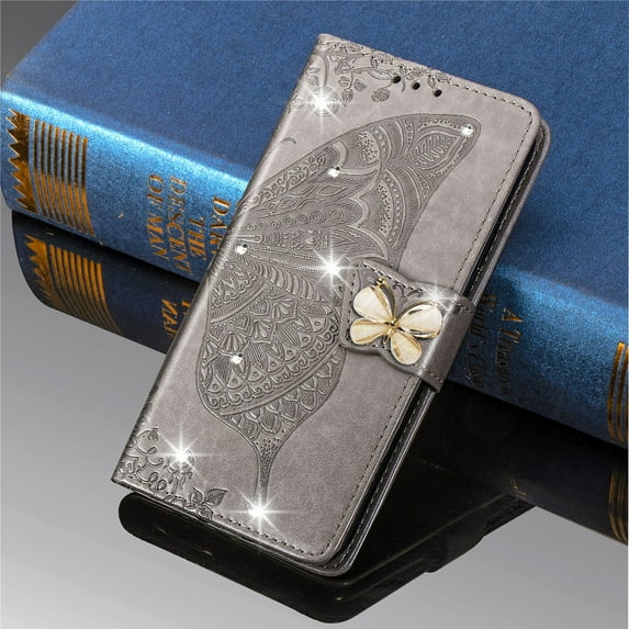 Dteck Case for Samsung Galaxy A13 5G,Magnetic Leather Card Holder Wallet Case Diamond Glitter Bling Butterfly Patterned Kickstand Flip Shockproof Cover,Gray
