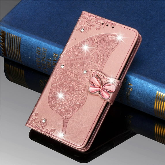 Dteck Case for Samsung Galaxy A13 5G,Magnetic Leather Card Holder Wallet Case Diamond Glitter Bling Butterfly Patterned Kickstand Flip Shockproof Cover,Rosegold