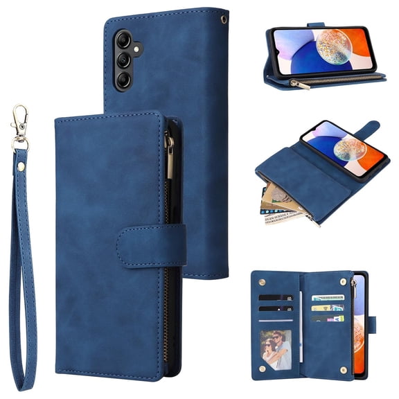 Dteck Case for Samsung Galaxy A15 5G with Card Slots,Magnetic Closure Leather Zipper Wallet Case Durable Flip Folio Kickstand Full Body Portection Cover Wrist Strap for Galaxy A15,Blue
