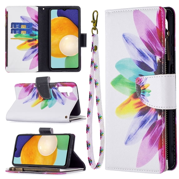Dteck Case for Samsung Galaxy A15 5G, Magnetic Pattern Premium PU Leather 9 Card Slots Zipper Wallet Case Shockproof Kickstand Hybrid Rubber Flip Cover with Wrist Strap,Sun Flower