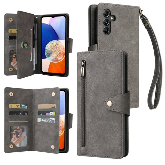 Dteck Case for Samsung Galaxy A15 5G,Magnetic Premium PU Leather Wallet Card Slots Case Zipper Flip Folio with Wrist Strap Kickstand Protective Cover for Galaxy A15,Gray