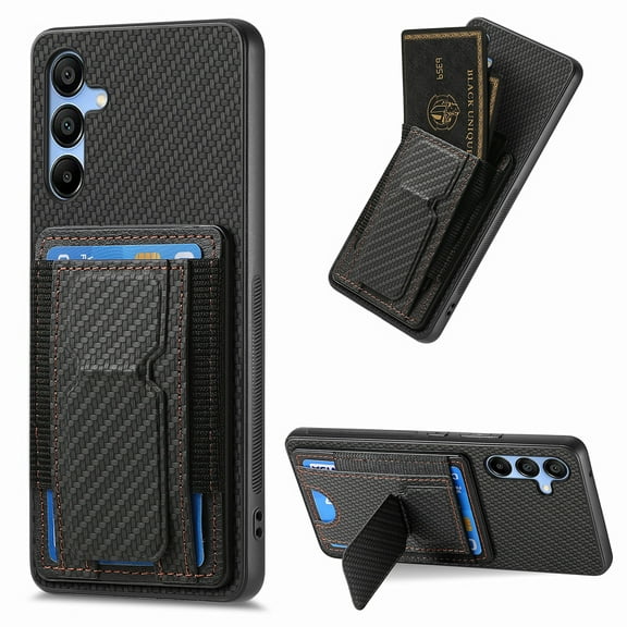 Dteck Case for Samsung Galaxy A15 5G,Shockproof Carbon Fibre Pattern Leather Case Card Slots Wallet Folding Bracket Stand Cover for Galaxy A15 5G,Black