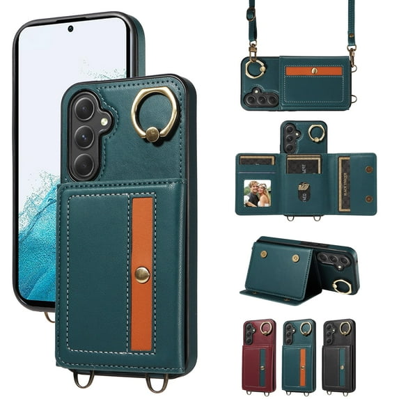 Dteck Case for Samsung Galaxy A15 Wallet Case, Crossbody Card Holder Purse with Lanyard for Women, 360° Ring Kickstand Magnetic Flip Leather Cover for Galaxy A15 5G,Cyan