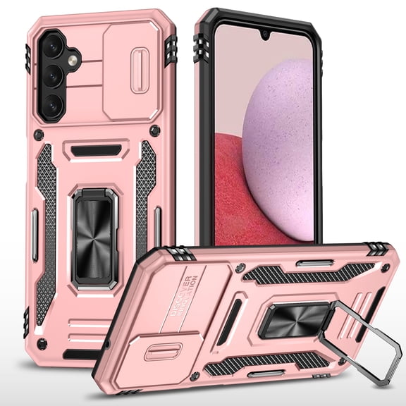 Dteck Case for Samsung Galaxy A16 5G,Shockproof Rugged Case with Slide Lens Cover Rotated Ring Kickstand TPU+PC Back Phone Case for Samsung Galaxy A16 5G,Rosegold