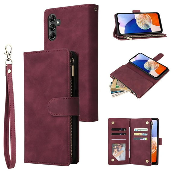 Dteck Case for Samsung Galaxy A26 5G with Card Slots,Magnetic Closure Leather Zipper Wallet Case Durable Flip Folio Kickstand Full Body Portection Cover Wrist Strap for Galaxy A15,Winered