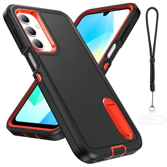 Dteck Case for Samsung Galaxy A36 5G with Built-in Kickstand, Heavy Duty Rugged Shockproof Protective Phone Cover with Lanyard Strap & Phone Tether Tab,Black Orange
