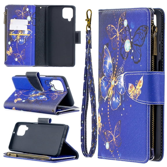 Dteck Case for Samsung Galaxy A42 5G 6.6-inch,Magnetic Patterned Leather Zipper Card Holder Wallet Flip Case Kickstand Shockproof with Hand Strap Cover ,Purple Butterfly