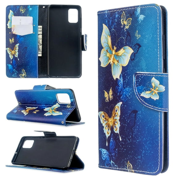 Dteck Case For Samsung Galaxy A51 4G (6.5 inch), Magnetic Patterned Folio PU Leather Wallet Case Card Slots Pocket Flip Stand Protective Phone Cover ,Gold and Blue Butterfly